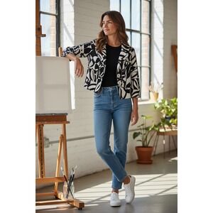 Cache Black White Abstract Print Cropped Blazer Jacket Womens Size M